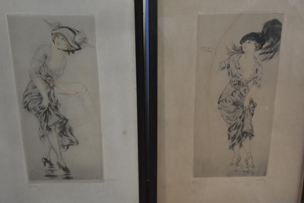 Louis Icart (French 1880-1950), The Hat Box and The Feather Hat, a pair of etchings, each signed