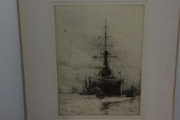 William Lionel Wyllie R.A. (1851-1931), HMS Orion, etching, signed in pencil, mounted, unframed.