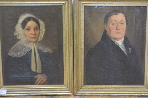 English School, c. 1840, Portraits of a Lady and Gentleman, a pair of oils, she in a lace cap, he