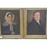 English School, c. 1840, Portraits of a Lady and Gentleman, a pair of oils, she in a lace cap, he