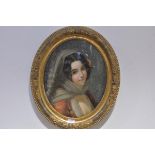 19th Century School, Portrait of a Young Girl with a Rose in her Hair, reverse painting on glass,
