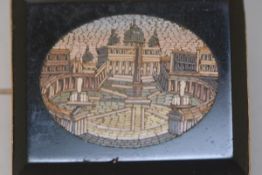 An Italian micro mosaic brooch, 19th century, depicting St. Peter's Rome, oval, within a black glass