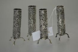 Two pairs of Chinese Export silver bud vases, early 20th century, Wang Hing, each cylindrical and