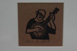 Willie Rodger A.R.S.A, R.G.I. (Scottish, b. 1930), Folk 3, linocut, ed. 4/25, framed. 9cm square.