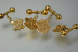 Two pairs of gentleman's yellow metal chainlink cufflinks, each of shaped shield form, linked to a