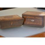 A 19th century Tunbridgeware work box, of plain rectangular form, the cover inlaid with a mother