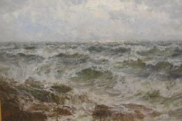 John Falconer Slater (1857-1937), A Stormy Seascape, signed lower right, oil on canvas, framed. 60cm