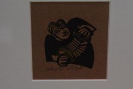 Willie Rodger A.R.S.A, R.G.I. (Scottish, b. 1930), Folk 1, linocut, ed. 4/25, framed. 9.5cm by 9.