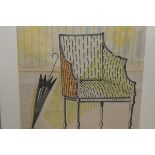 •Sir Osbert Lancaster (1908-1986), Bergere Chair with Umbrella, conte crayon and ink on paper,