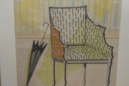 •Sir Osbert Lancaster (1908-1986), Bergere Chair with Umbrella, conte crayon and ink on paper,