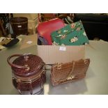 A group of vintage handbags including a barrel-form faux-crocodile bag, felt applique etc (c. 9)