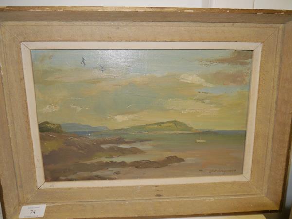 J.R. Angmore (20thc), A West Coast Bay, signed lower right, oil on canvas, framed, 21cm x 34cm