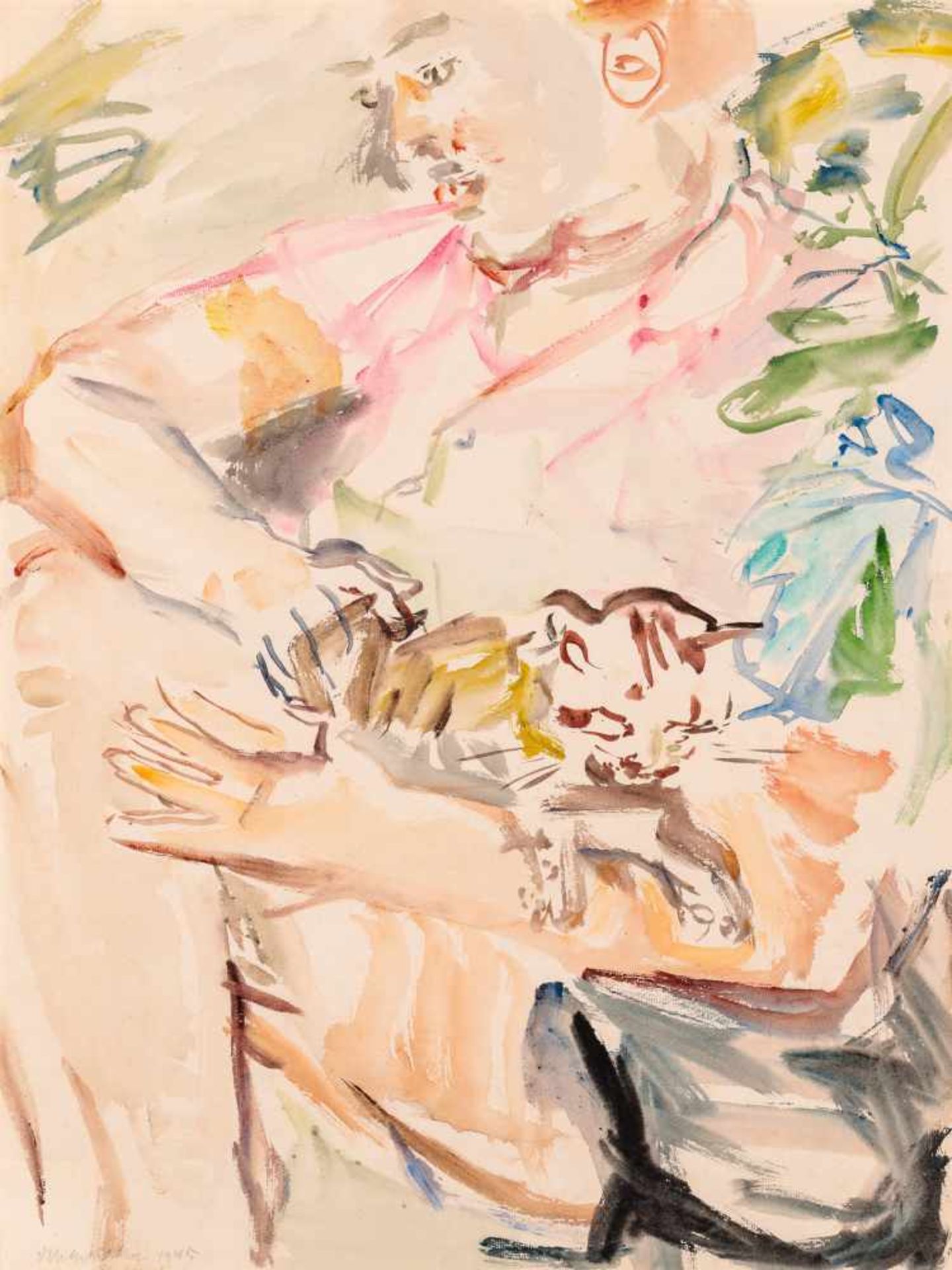 Oskar Kokoschka (hs art) Pöchlarn 1886 - 1990 Montreux Doris mit Katze Aquarell auf Papier /