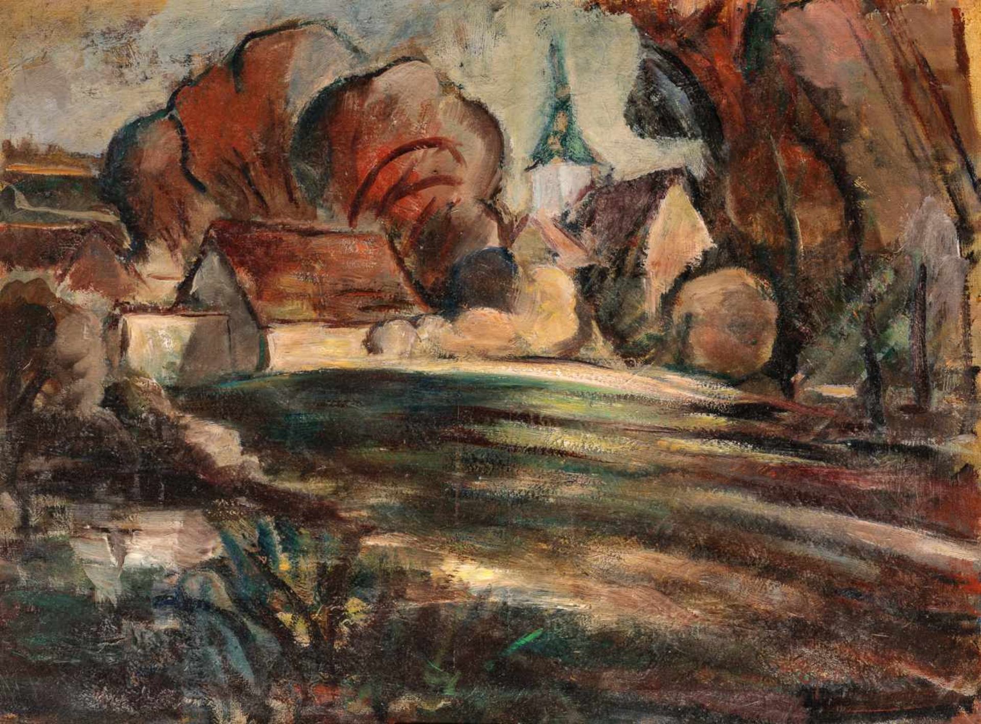 Henri Epstein Lódz 1891 - 1944 Auschwitz Dorflandschaft Öl auf Leinwand / oil on canvas 46 x 61 cm