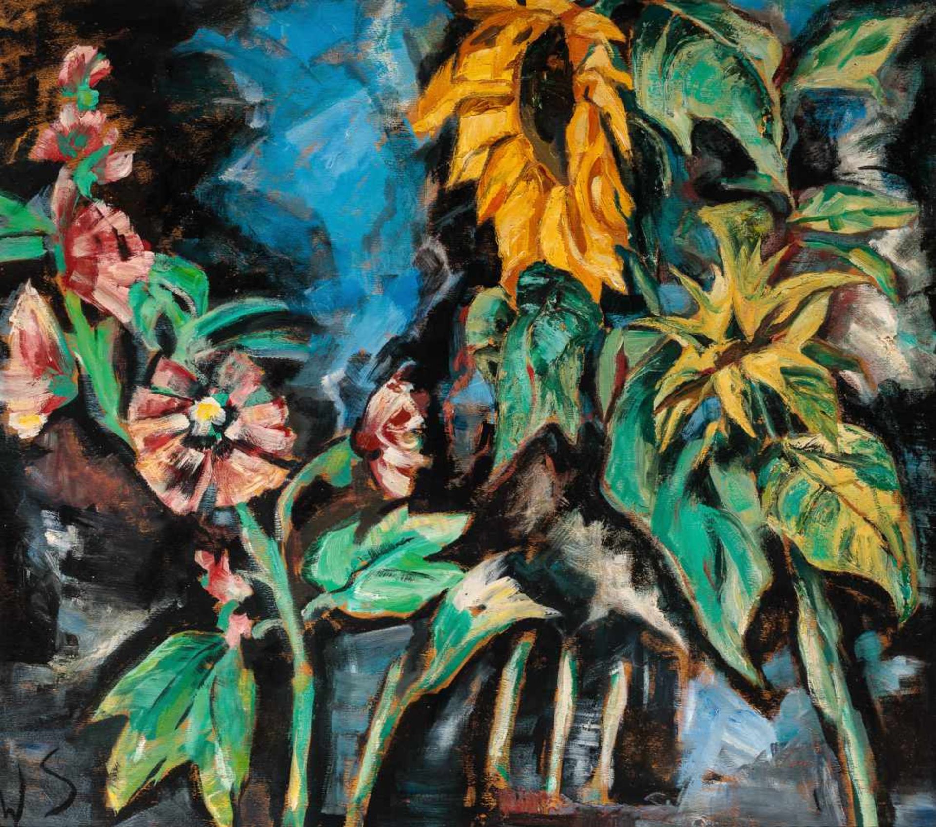 Werner Scholz Berlin 1898 - 1982 Schwaz Blumen Öl auf Holzplatte / oil on wood panel 70 x 77,5 cm