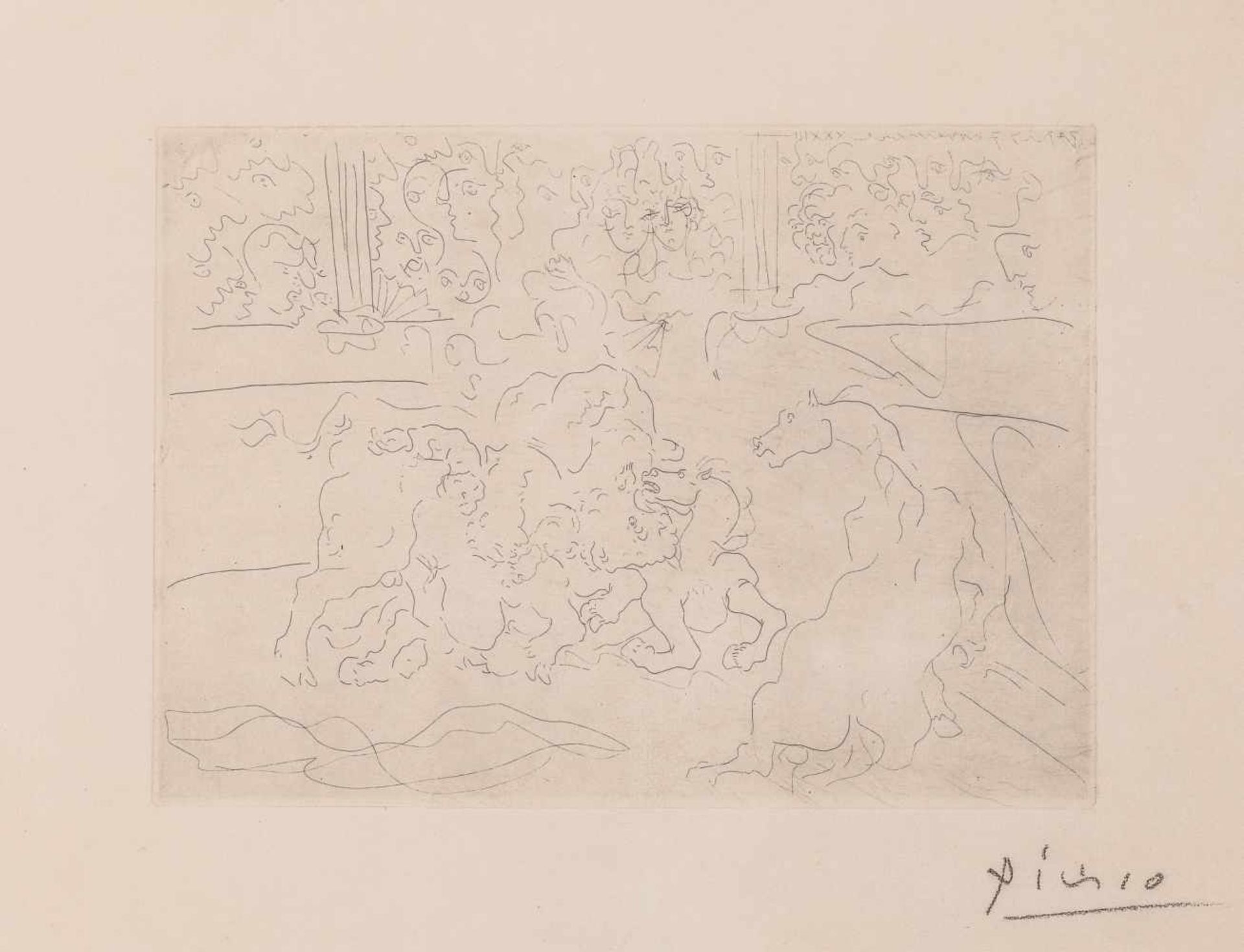 Pablo Ruis Picasso Malaga 1881 - 1973 Mougins Taureau et Chevaux dans L'Arene Radierung auf