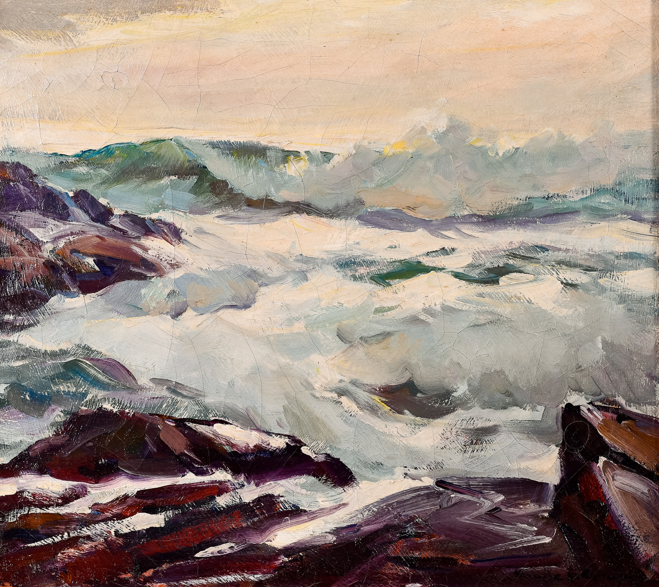 Emile Gruppe (1896-1978), "High Sea, Bass Rocks," Oil on Canvas Painting, 20th Century - Image 2 of 4