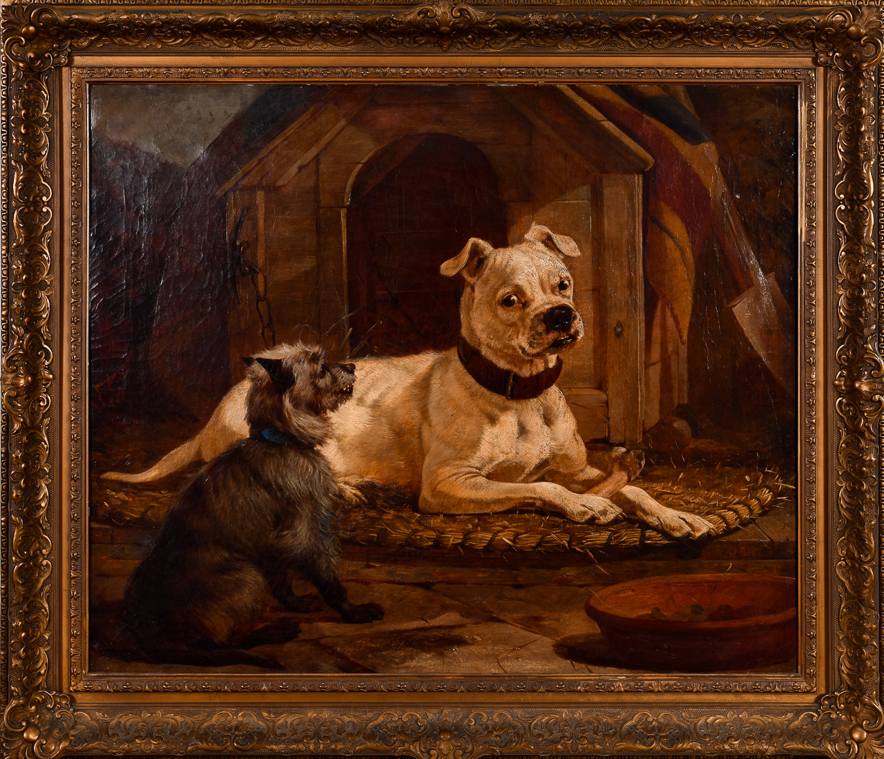 Attributed William Osborne, "Unknown (American Bulldog and Terrier)," Oil on Canvas Painting