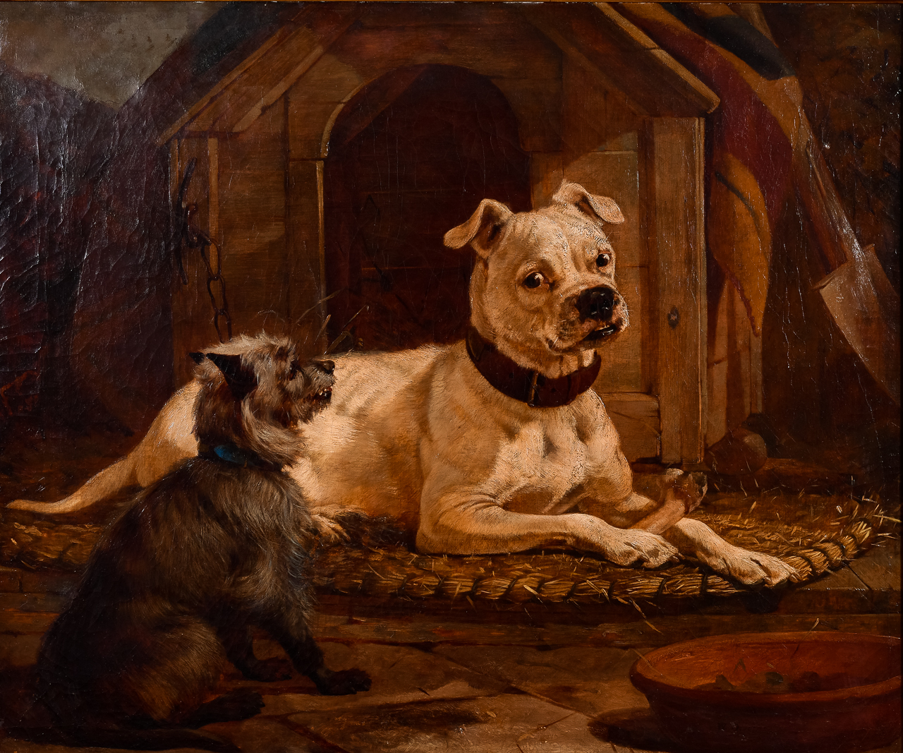 Attributed William Osborne, "Unknown (American Bulldog and Terrier)," Oil on Canvas Painting - Image 2 of 4