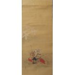 Edo Silk Scroll Painting by Kano Chikanobu of a Samurai fording a River on old Silk Brocade Matting