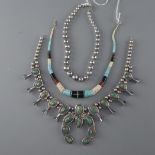 Silver Stone Inlaid Squash Blossom Necklace with two additional silver and turquoise necklaces