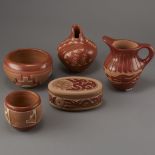 Group of 5 Santa Clara Redware Carved Pottery