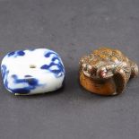 Japanese Boxwood Toad Netsuke and Porcelain Manju