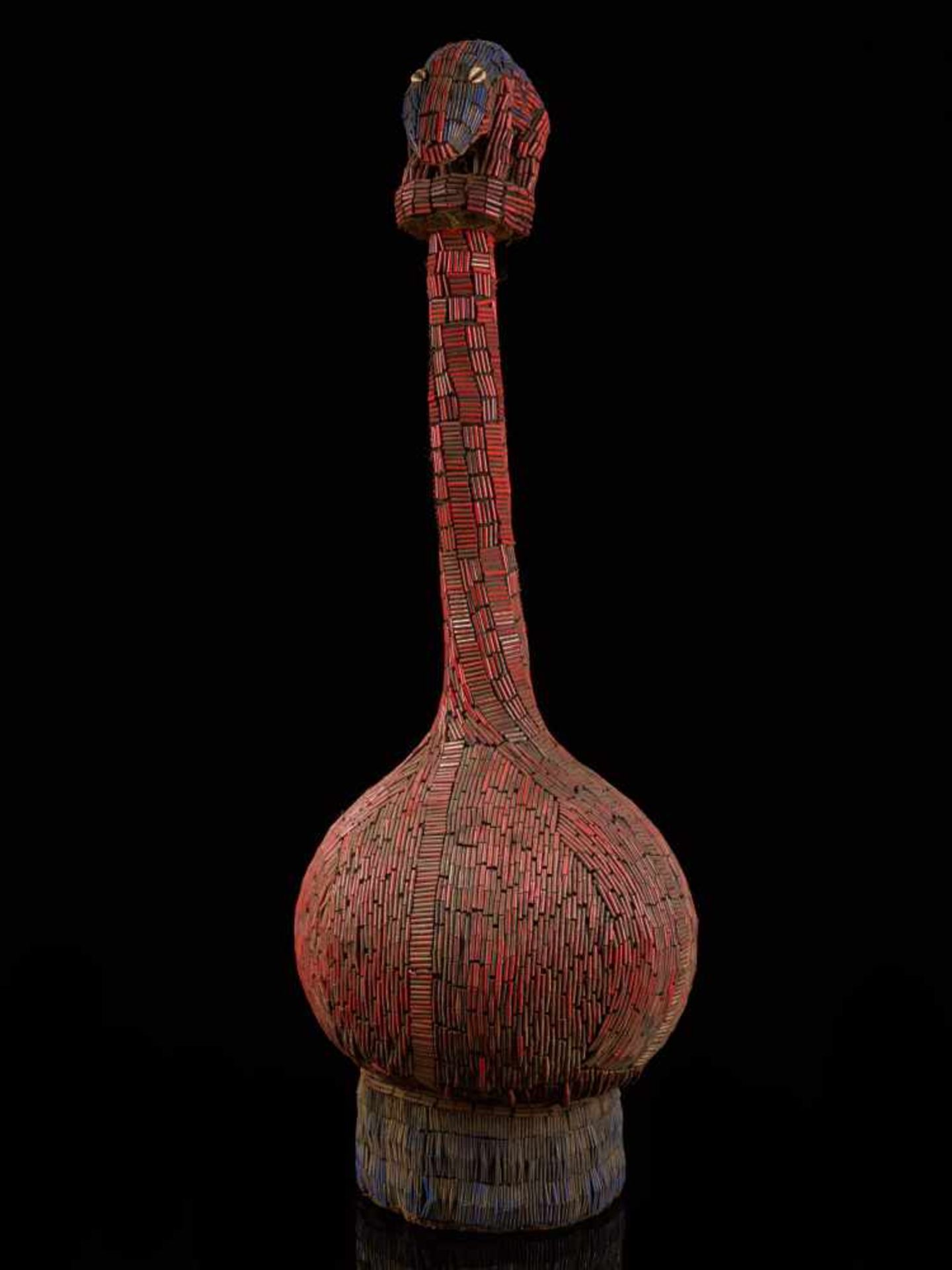 Beaded Palm Wine Vessel Topped With Animal Figure - Tribal ArtThis piece features a long-necked