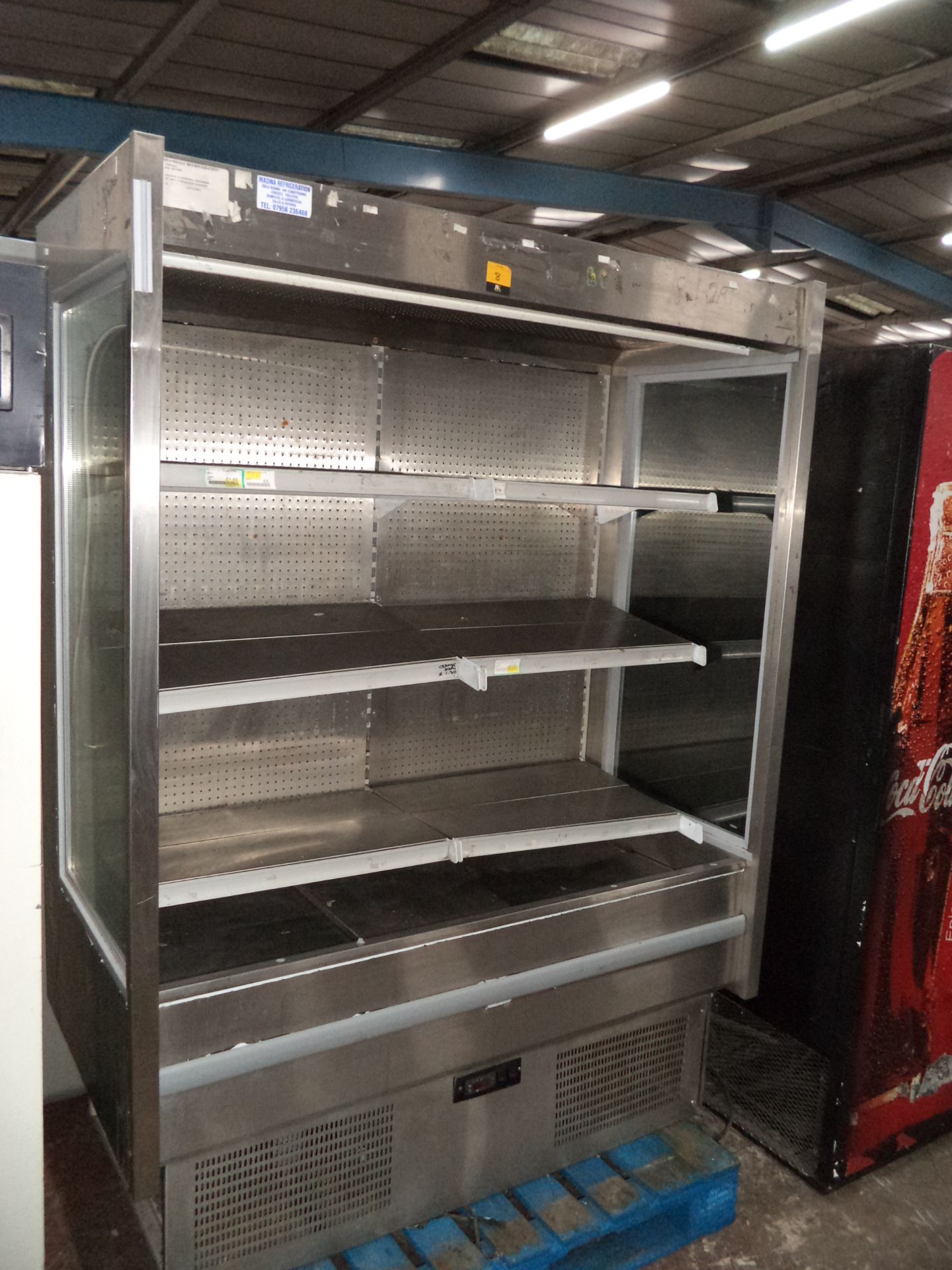 Large stainless steel and glass open front display fridge IMPORTANT: Please remember goods