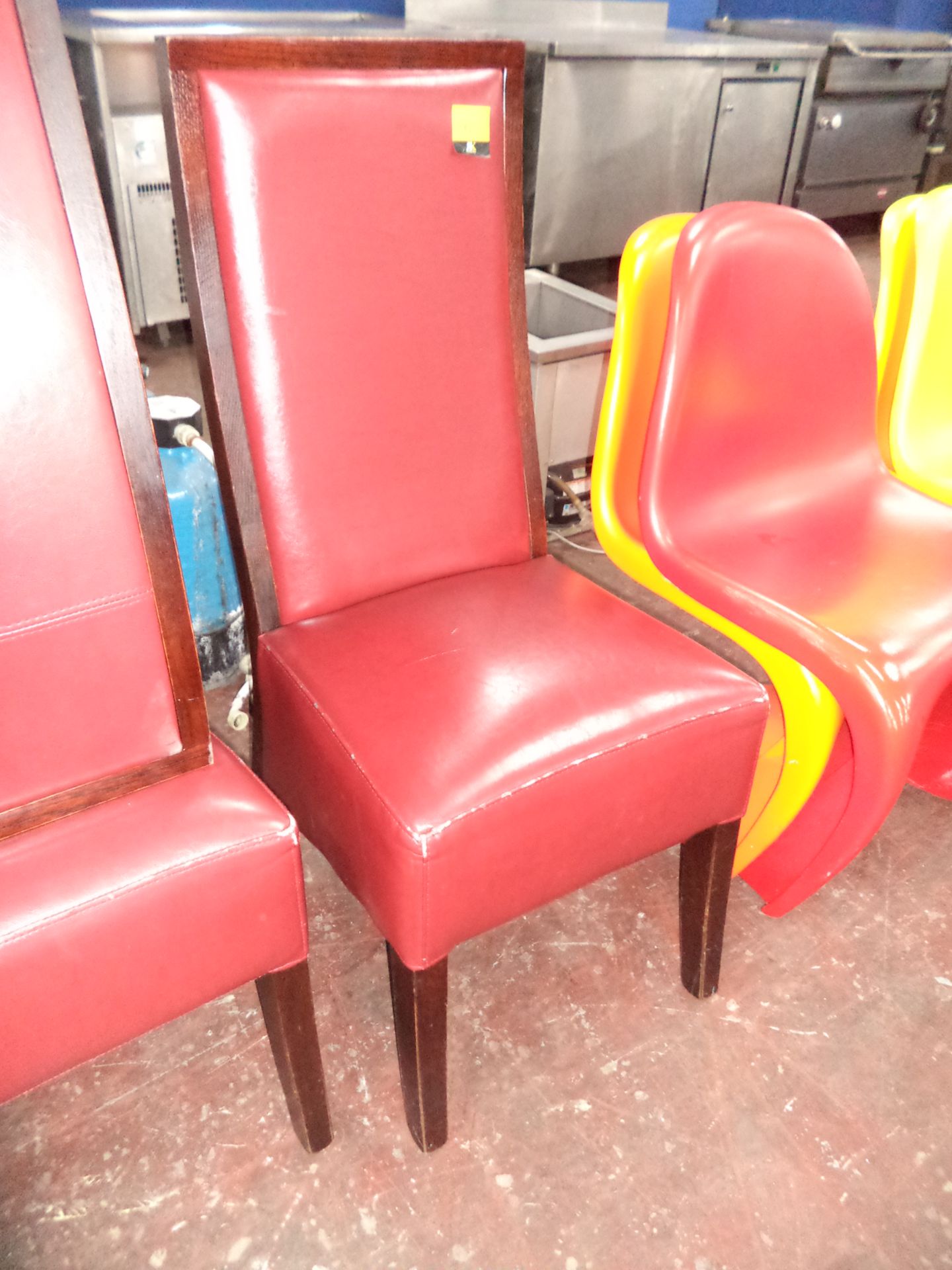 5 off matching wooden and red vinyl type fabric dining chairs IMPORTANT: Please remember goods - Image 3 of 4