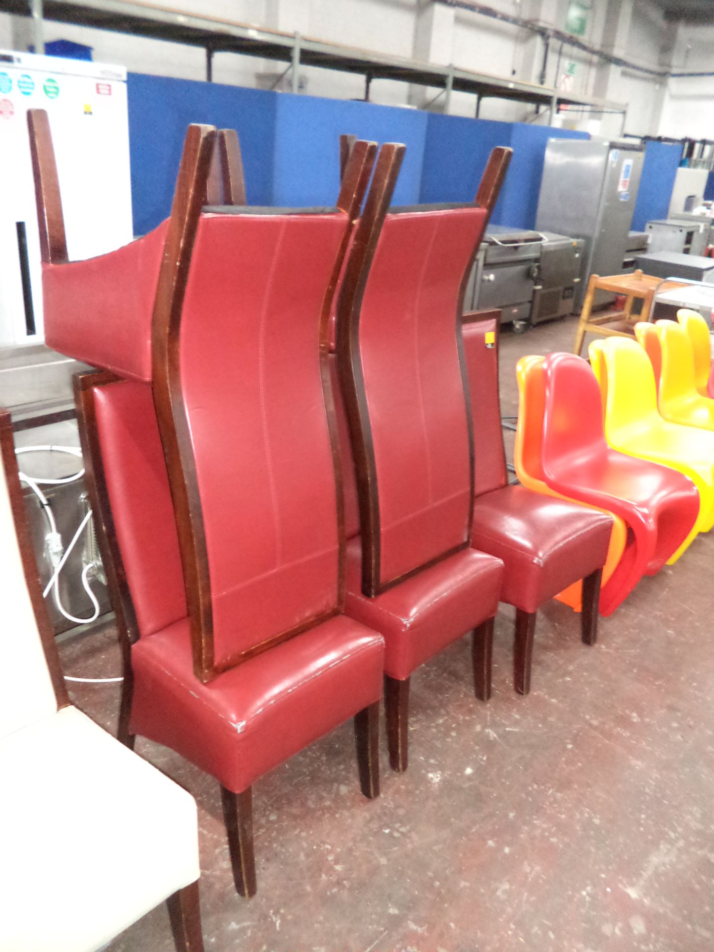 5 off matching wooden and red vinyl type fabric dining chairs IMPORTANT: Please remember goods - Image 2 of 4