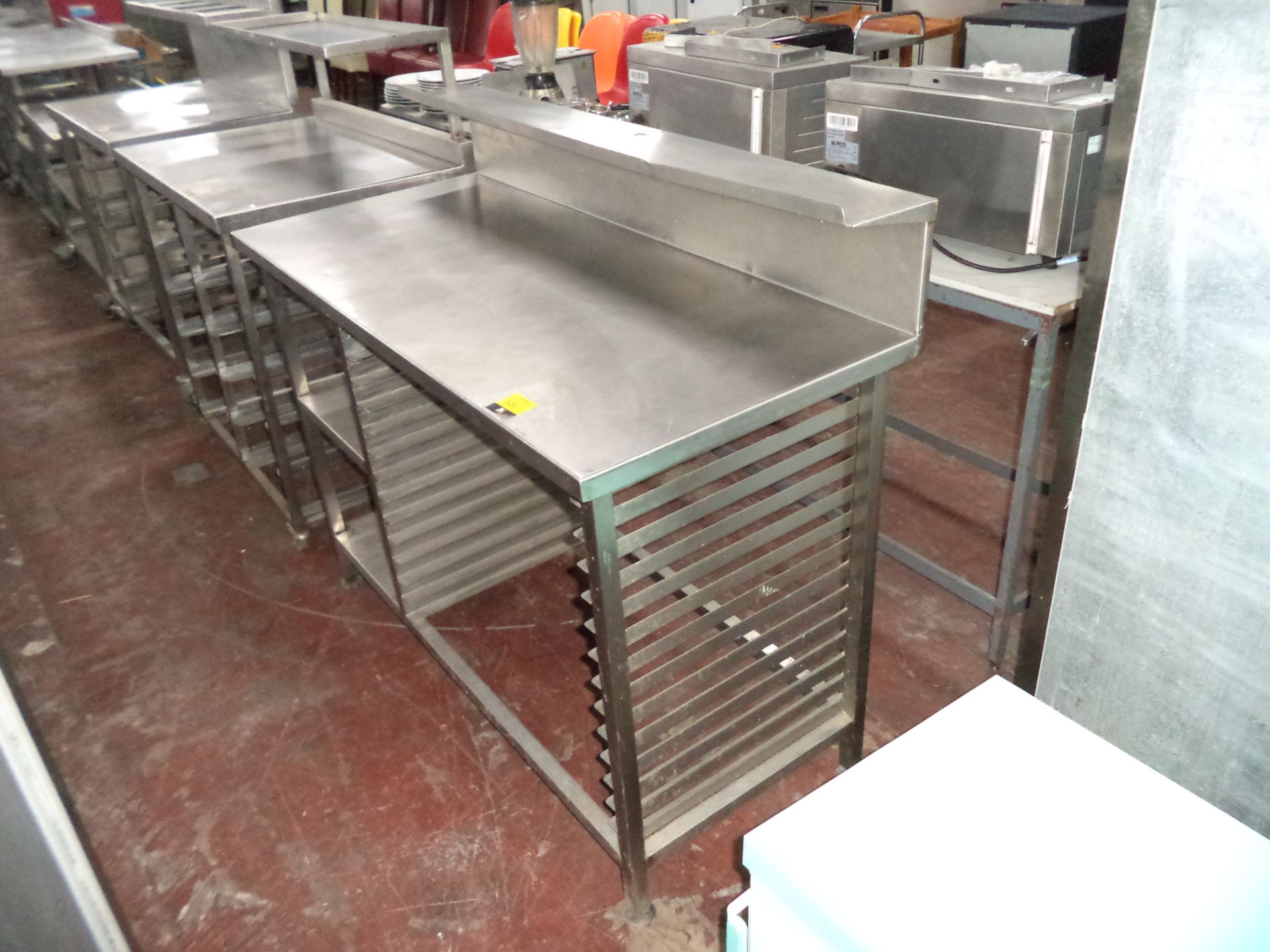 Stainless steel multi-tier table incorporating racking below IMPORTANT: Please remember goods