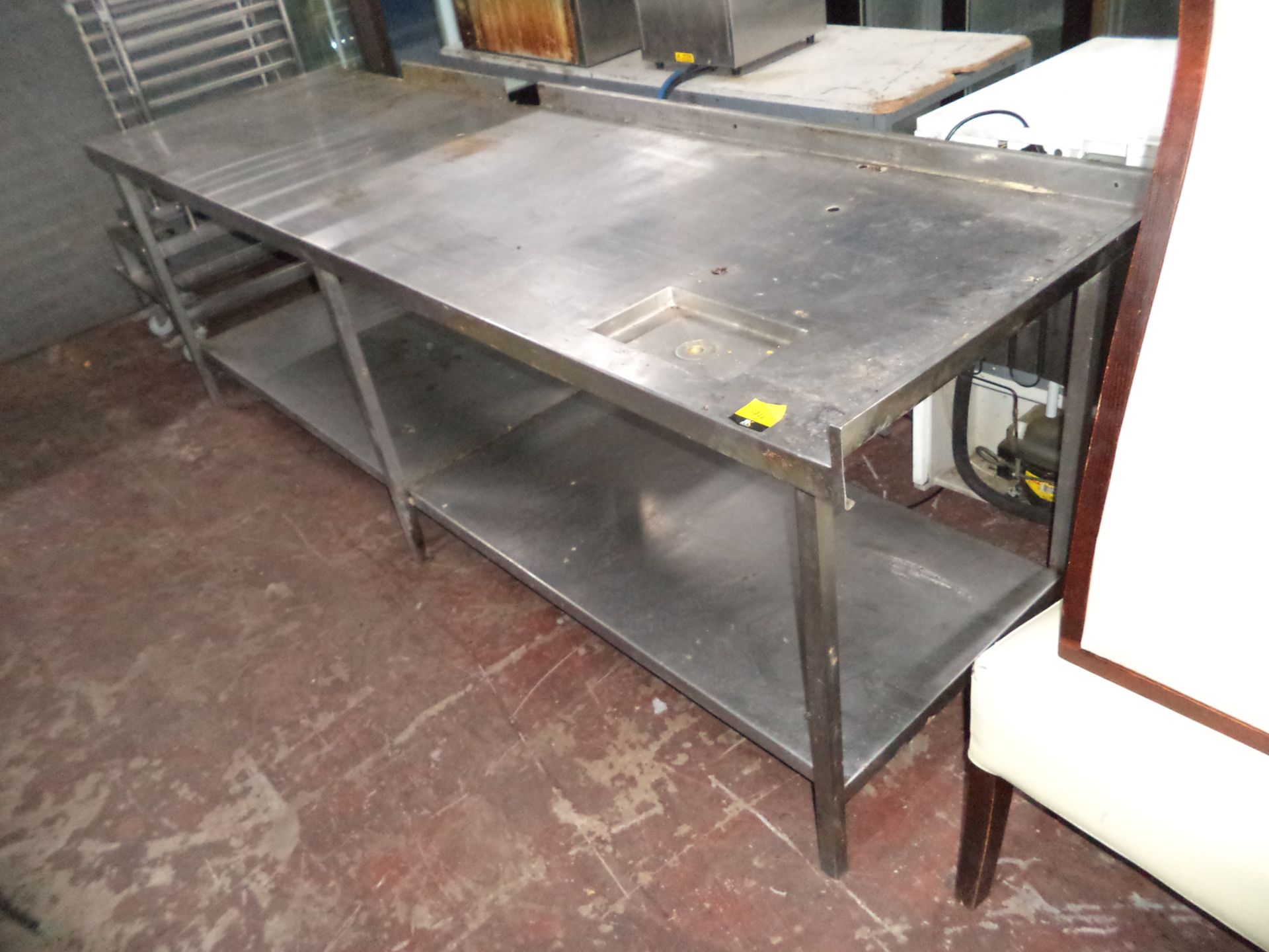 Very large stainless steel twin tier table circa 2540mm x 760mm x 870mm IMPORTANT: Please remember