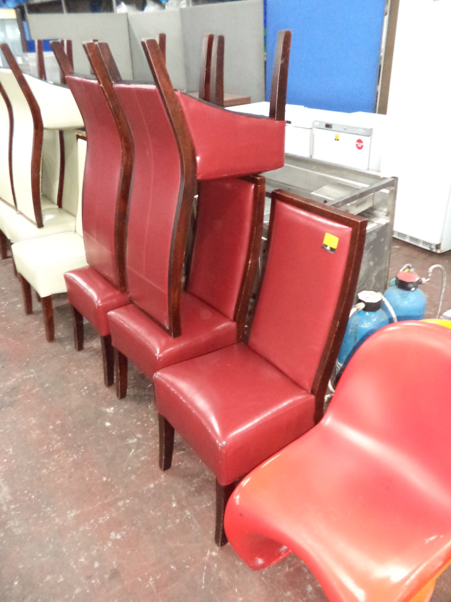 5 off matching wooden and red vinyl type fabric dining chairs IMPORTANT: Please remember goods