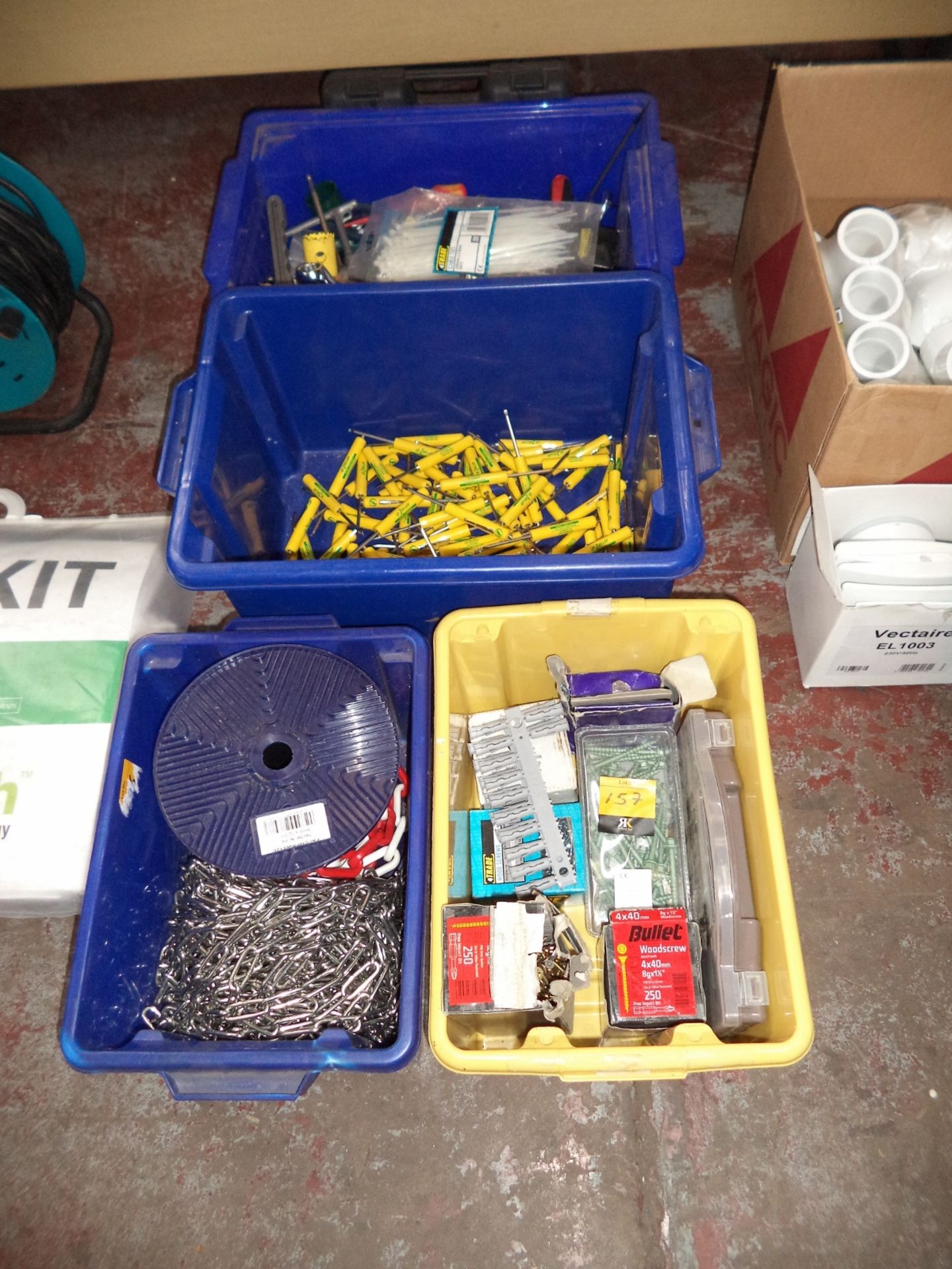 The contents of 4 crates of assorted fixings, magnetic screwdrivers, hand tools & more IMPORTANT: