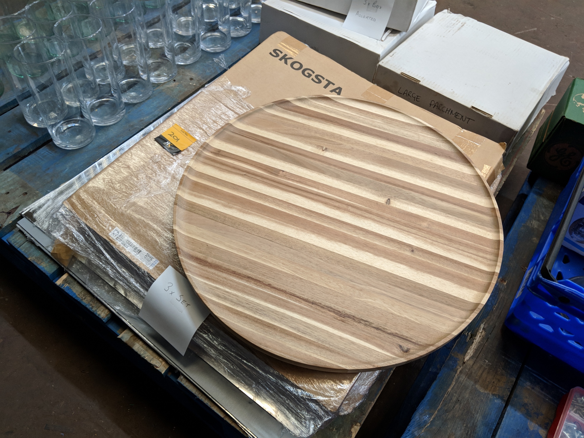 3 off Ikea Skogsta large round wooden serving trays plus 4 