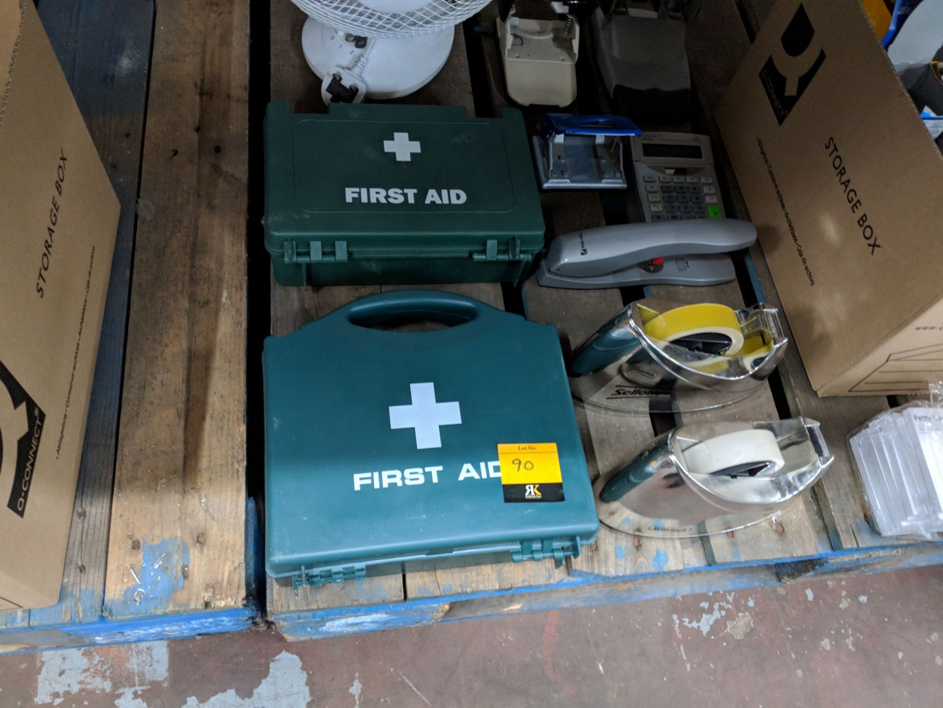 The contents of a pallet comprising an assortment of first aid kits & office equipment including - Image 2 of 8