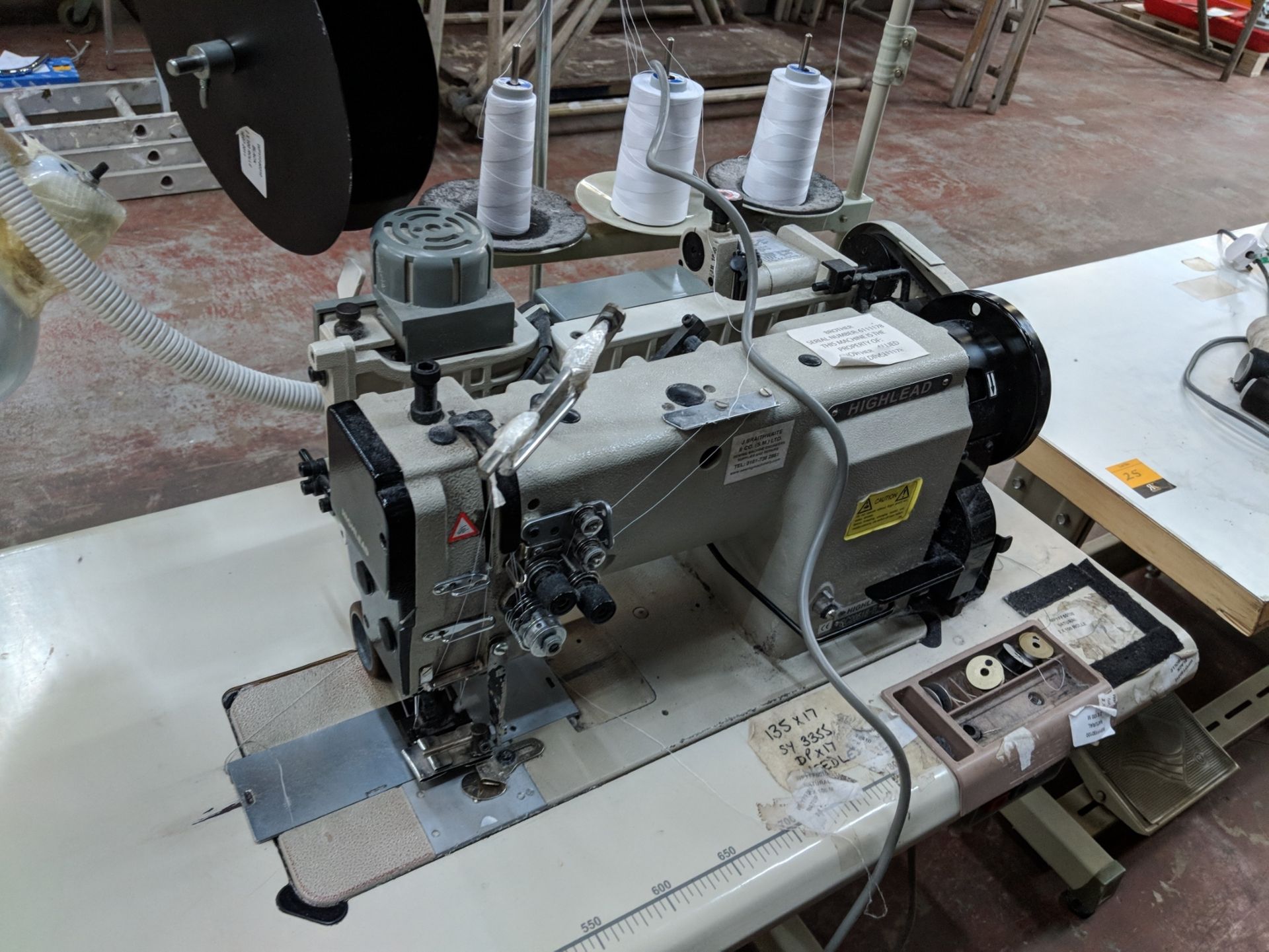 Brother/Highlead model GC20518-B twin needle sewing machine on table including all ancillary items - Image 4 of 7