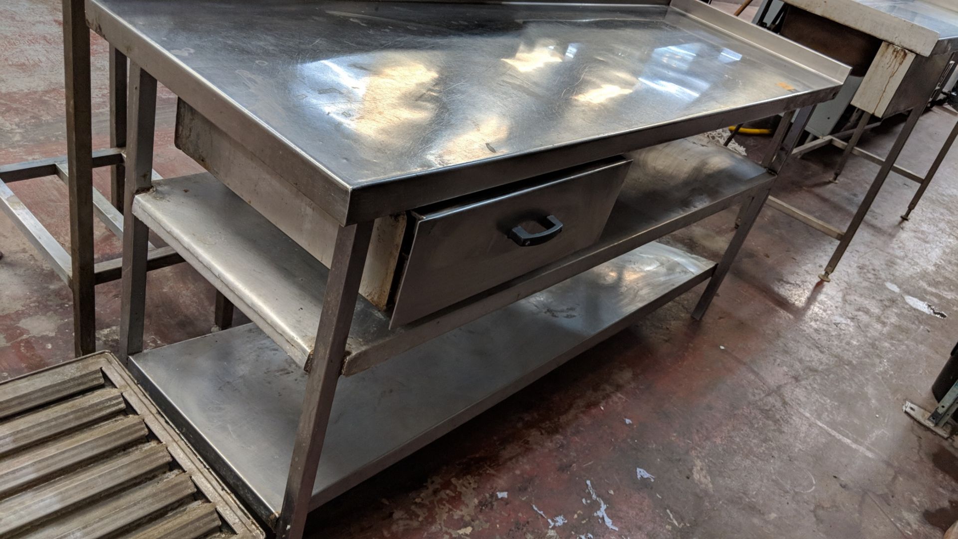 Stainless steel triple-tier table including built-in drawer, circa 1800mm long IMPORTANT: Please - Image 3 of 3