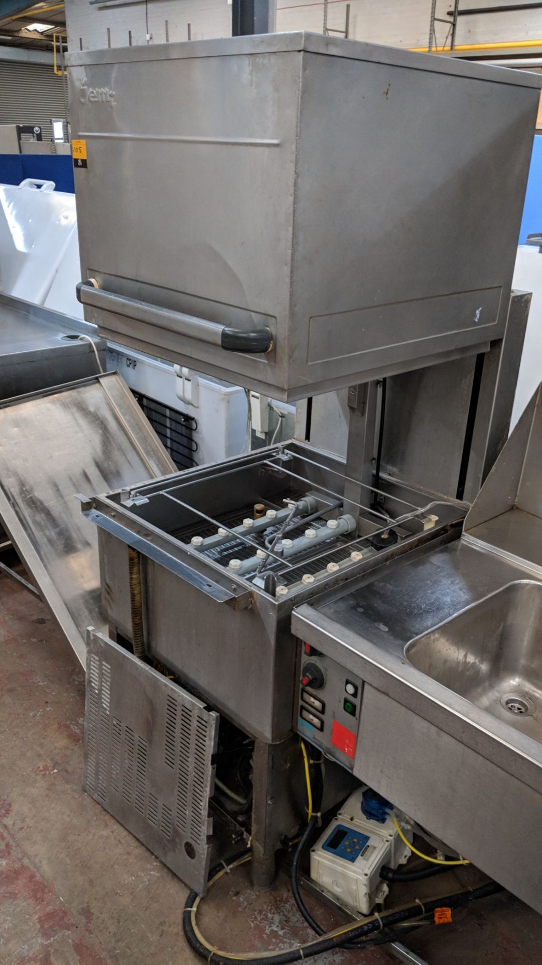 Jemi overhead/pass through stainless steel commercial dishwasher including sink and drainer with