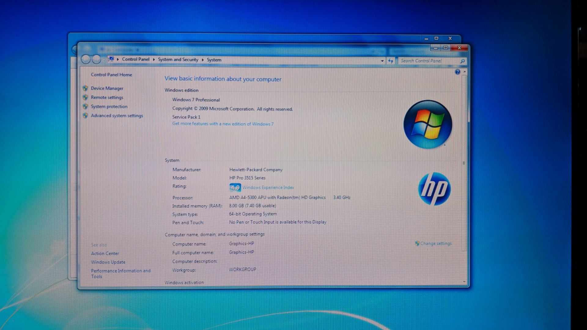 HP Pro desktop computer with AMD A4-5300 APU @ 3.4GHz, 8Gb RAM, 500Gb with LG 22" widescreen monitor - Image 3 of 5