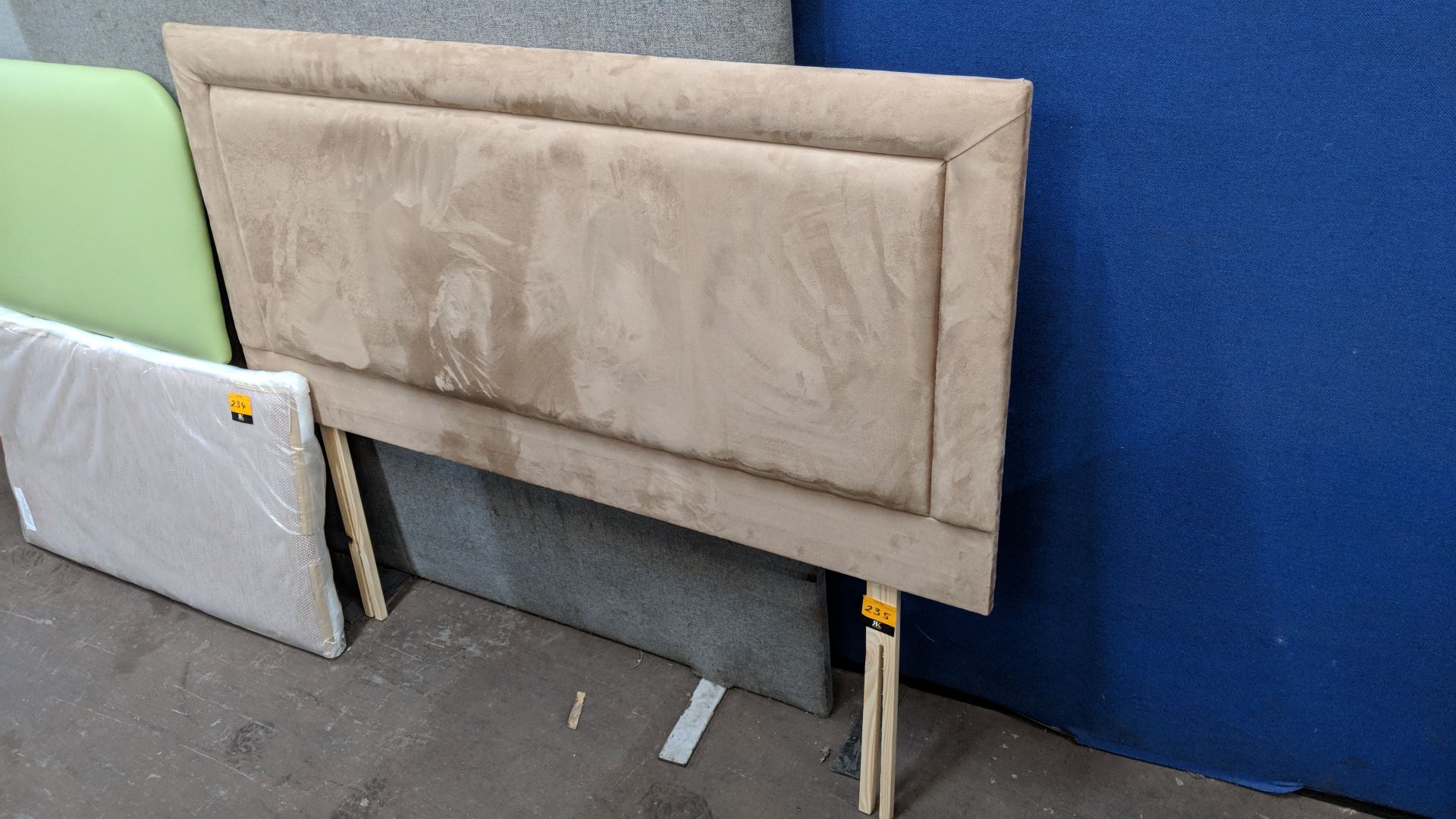 Light brown upholstered headboard in suede type fabric approximately 54" wide IMPORTANT: Please - Image 2 of 2