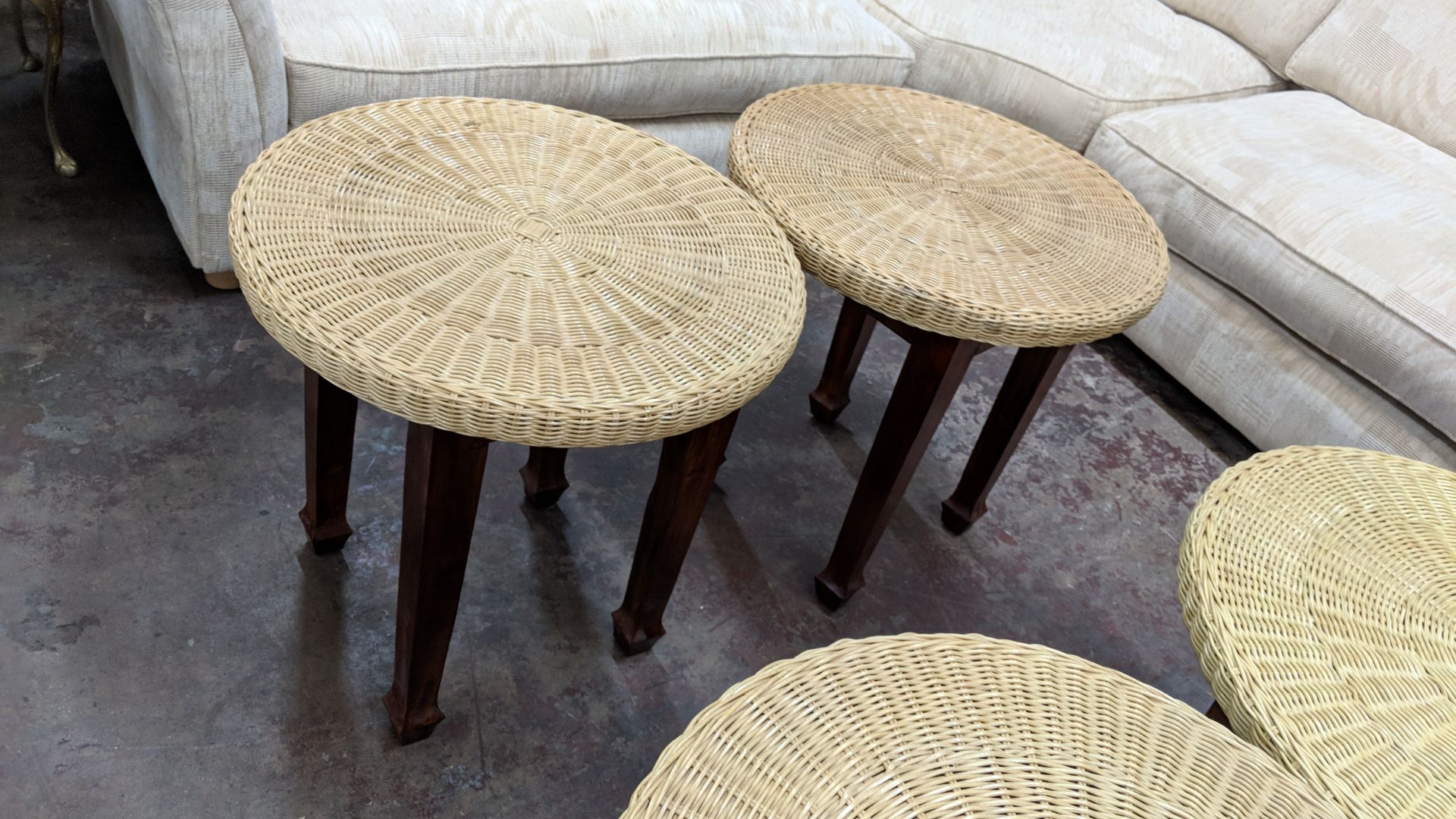 Pair of round tables with wooden legs & wicker type top, each table having a diameter of - Image 2 of 2