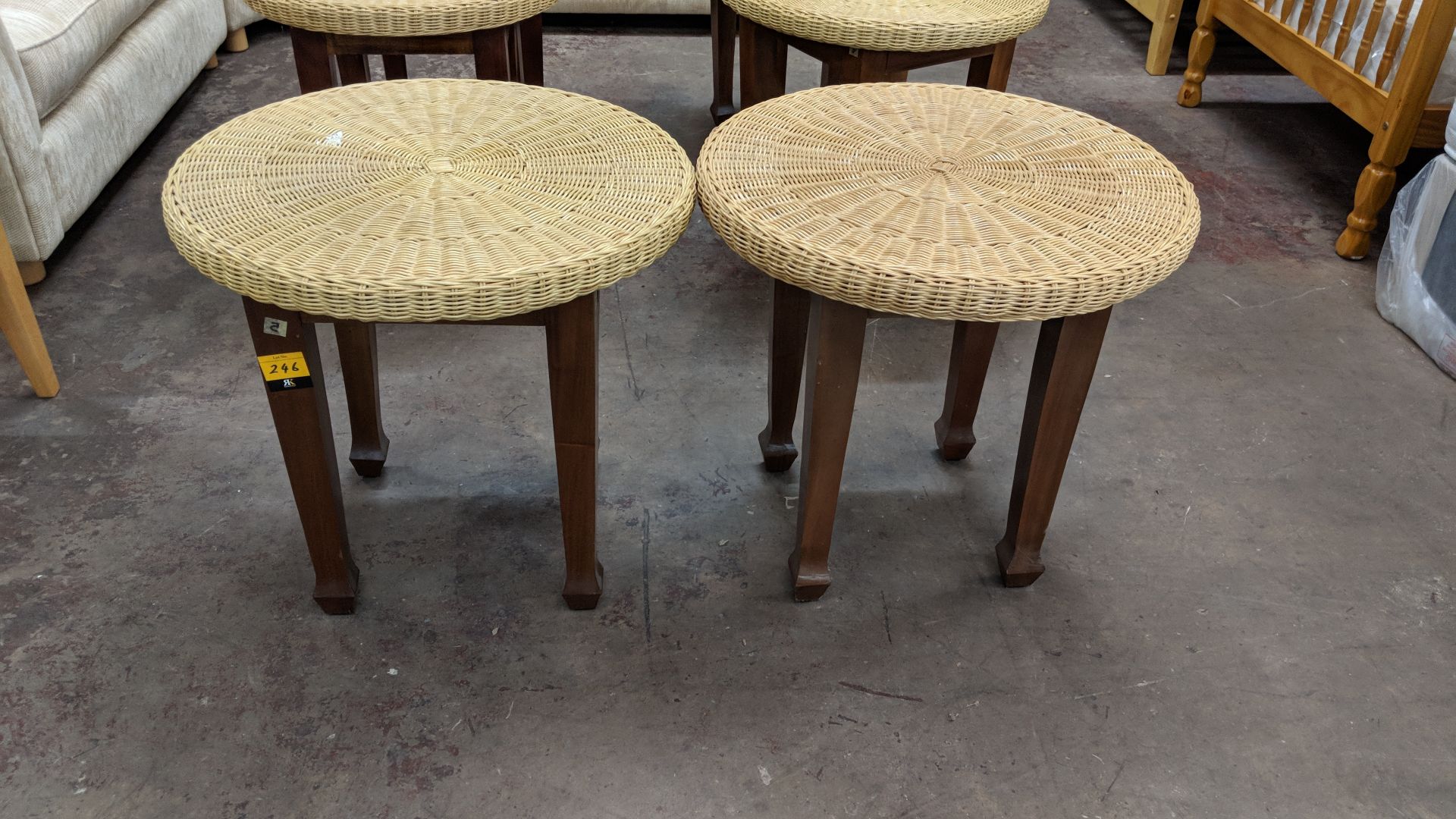 Pair of round tables with wooden legs & wicker type top, each table having a diameter of - Image 2 of 2