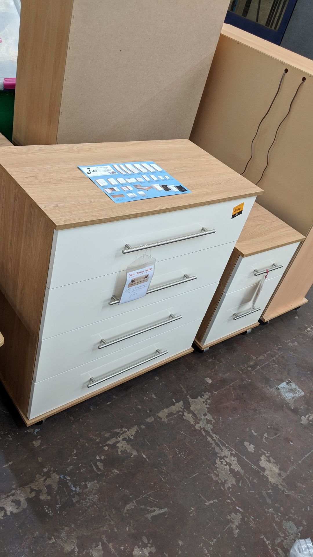 Miami matching pair of mobile cupboards comprising 4 drawer chest & 2 drawer bedside cabinet. NB