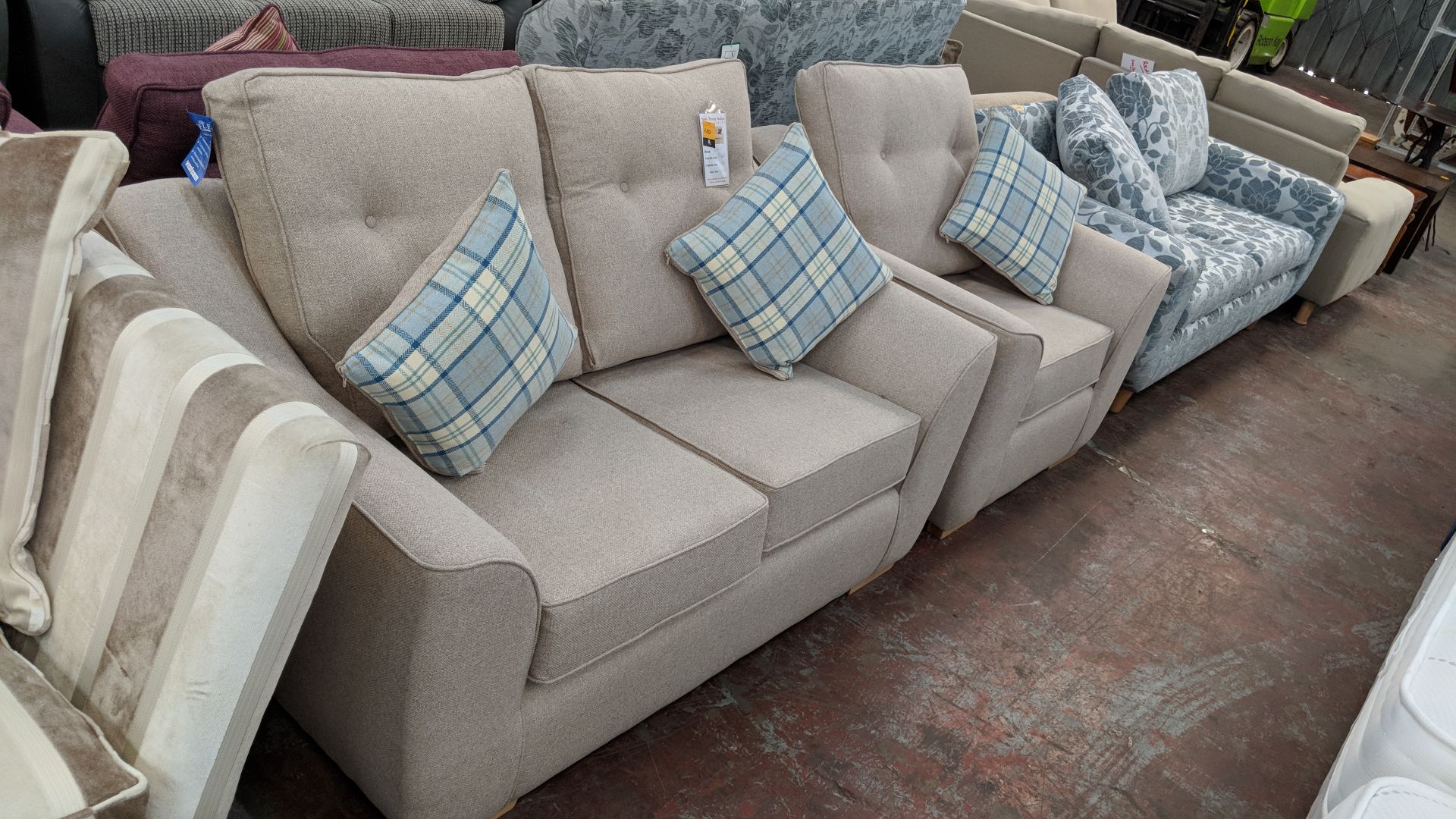 Upholstered suite comprising 2 seat sofa & matching armchair, in beige/stone fabric, including 3