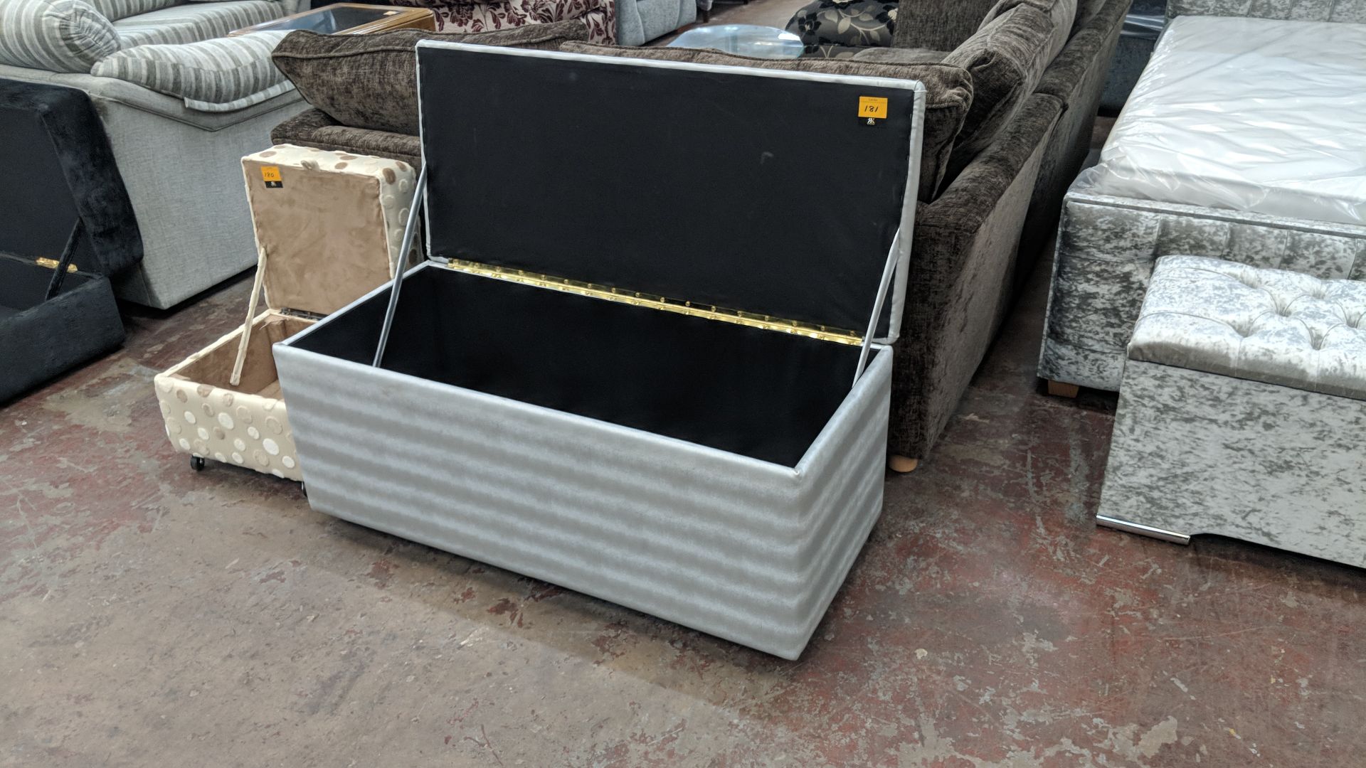 Very large silver upholstered stool/ottoman with hinged lid revealing large storage unit circa - Image 2 of 3