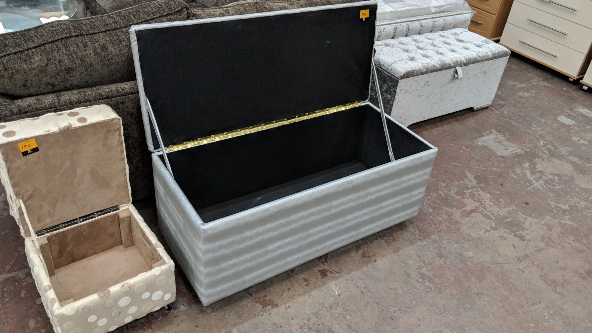 Very large silver upholstered stool/ottoman with hinged lid revealing large storage unit circa - Image 3 of 3