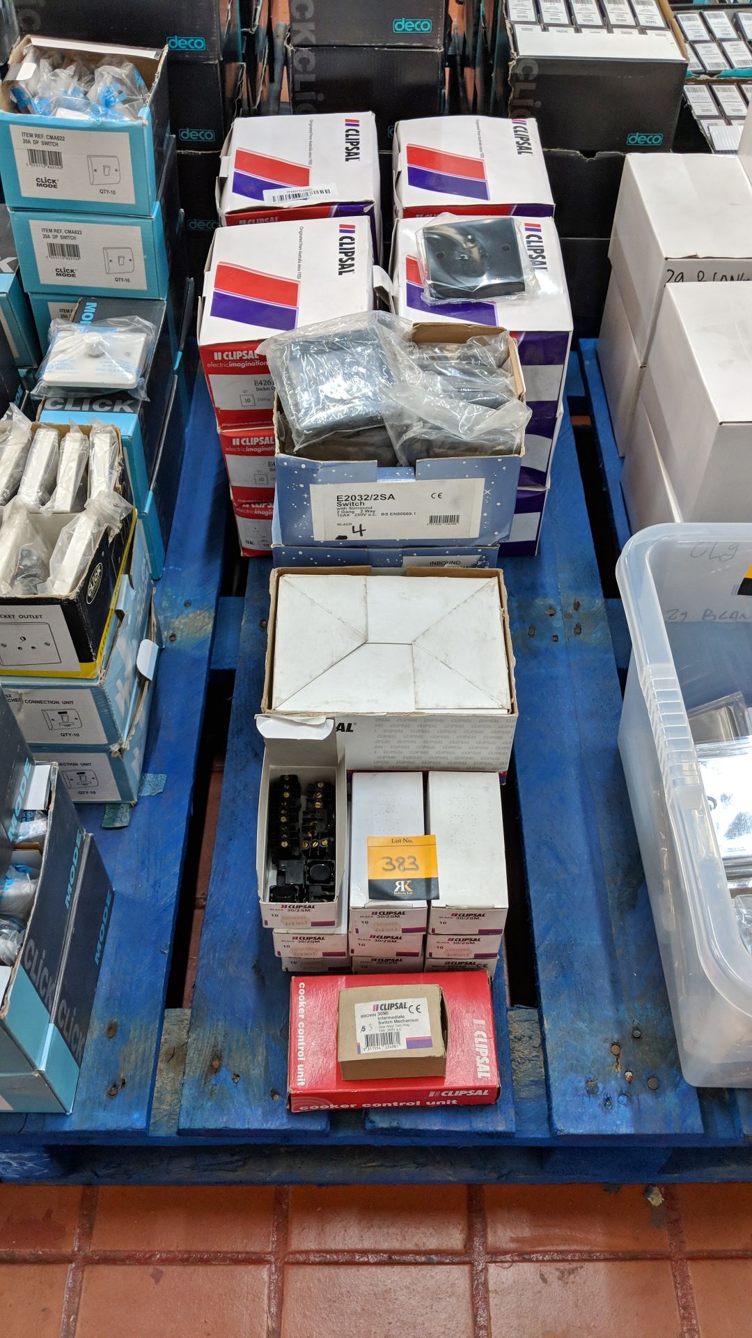 Row of assorted Clipsal items, primarily being black sockets and plates The vast majority of