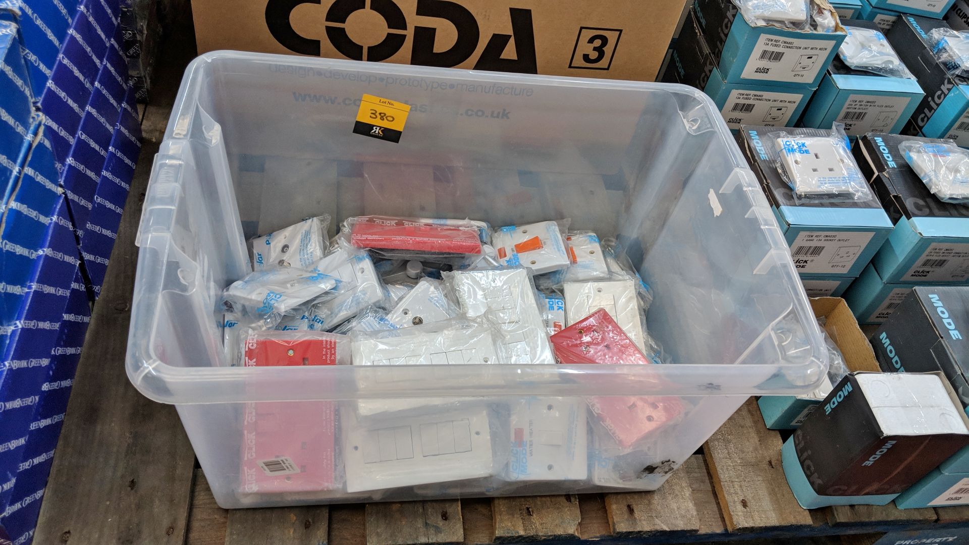 Contents of a crate of Click Mode white and red sockets and switches - crate excluded The vast